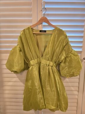 AKIRA Neon Lime V-Neck Puff Sleeve Mini